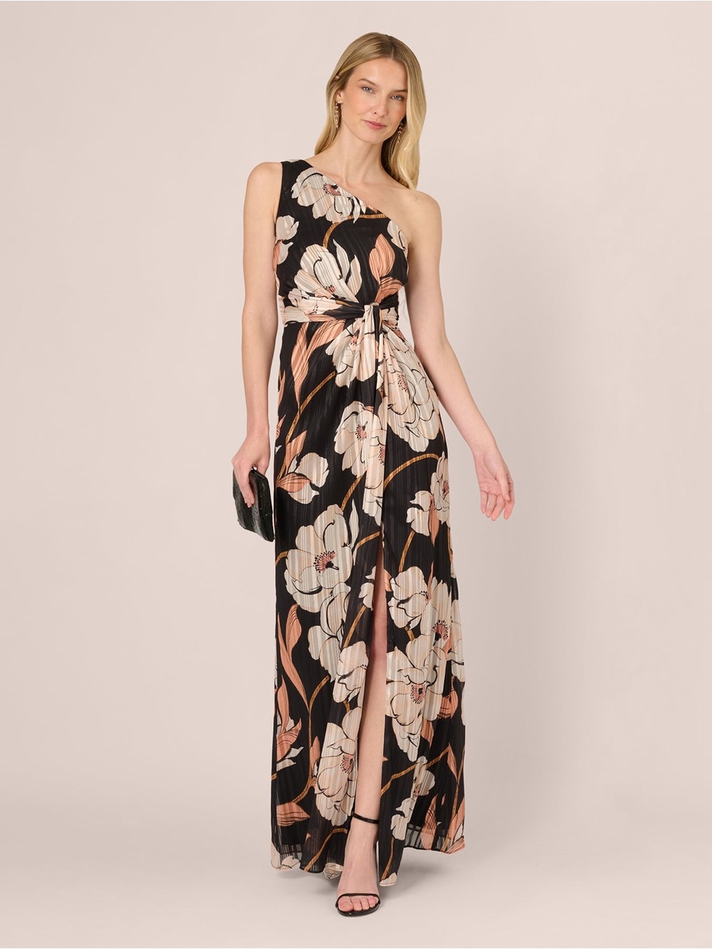 Adrianna Papell Size 14 Black Floral One Shoulder Maxi Gown Dress NWT GALA MOB
